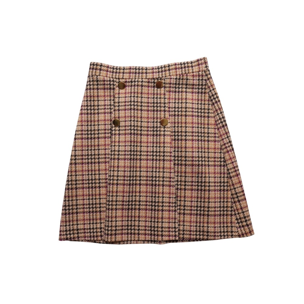 NYCC Plaid Skirt Womens Small Tan Houndstooth  A-Line Gold Button Preppy‎